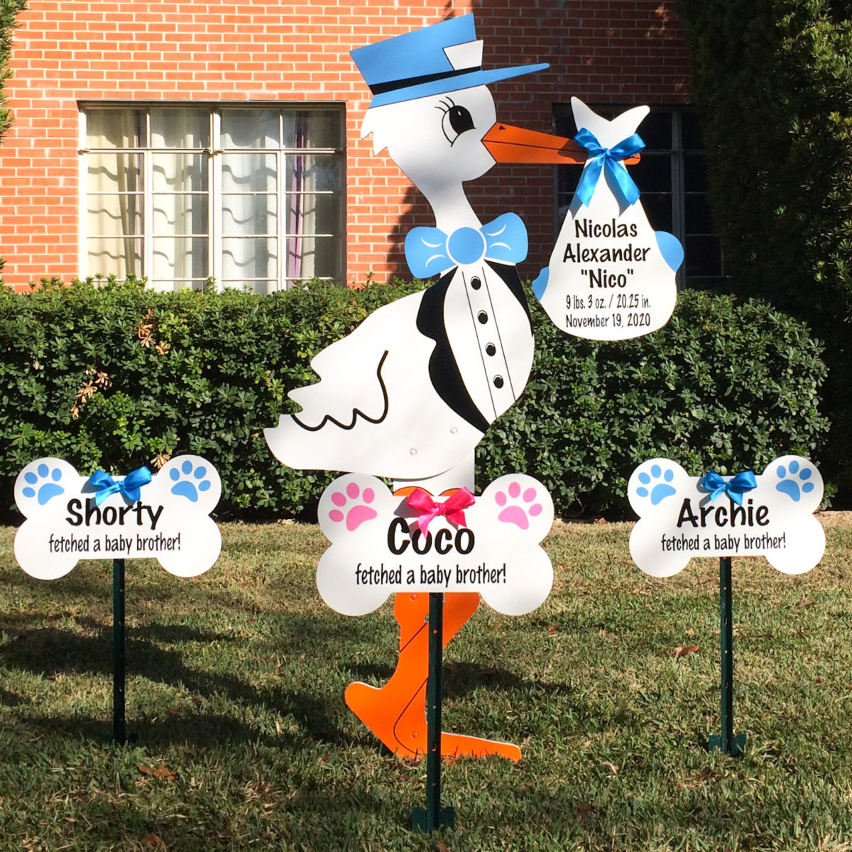 Blue Stork Sign with Dog Bone Stars: South Bay Storks - Stork Sign Rentals in Lee, Naples and Collier County, Florida